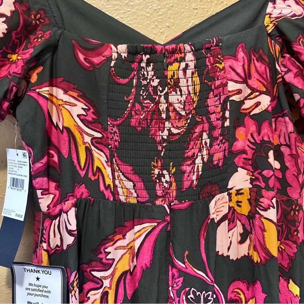 Adrianna Papell Floral Puff Sleeve Midi Dress Pink Black Sweetheart Neck NWT 6 - Picture 10 of 11